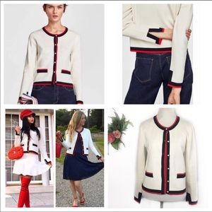 ZARA knit ivory red blue sweater pearl button L